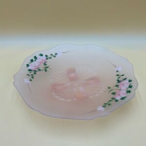 Lancaster pink satin hand painted floral legged dish, cottage, valentine, spring